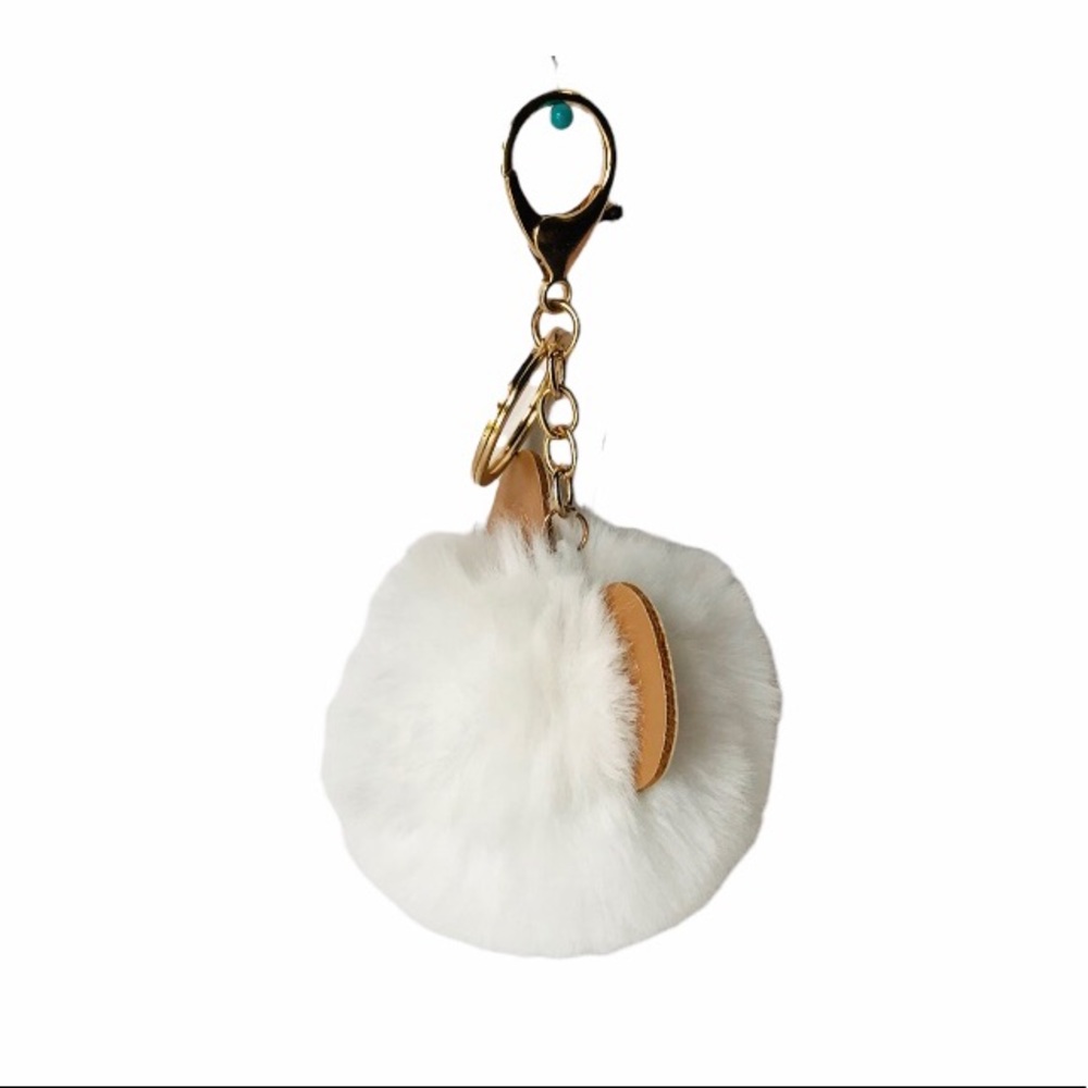 White Plush Pom Pom Cute Bear Faux Leather Keychain - Picture 2 of 3
